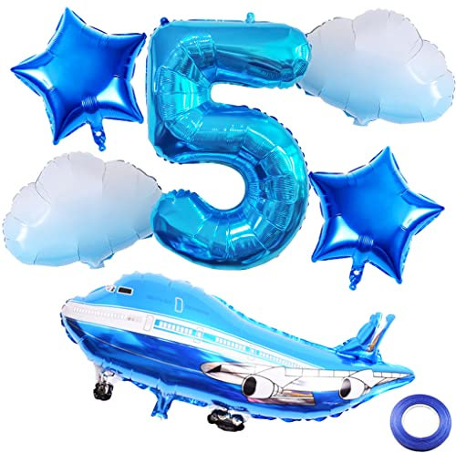 Weenkeey 5. Flugzeug Geburtstag Dekoration 5 Jahre Geburtstag Flugzeug Luftballons Flugzeug Cloud Folienballons Blau Zahl 5 Helium Ballon für Flugzeug Party Junge Geburtstag Party Supplies