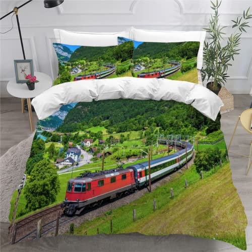 SK-YBB Bettwäsche Set 135x200 Zug Eisenbahn Bettwäsche für Kinder Junge 3 Teilig 3D Elektrische Lok Zug Lokomotive Kinderbettwäsche 135x200 Mit Reißverschluss mit 1 Bettbezug 2 Kissenbezügen