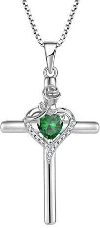 FJ Collier Croix pour Femme Argent Sterling 925 Collier Émeraude Pendentif Pierre de Naissance Mai Collier Fleur de Rose Bijoux Cadeaux pour Femme Fille
