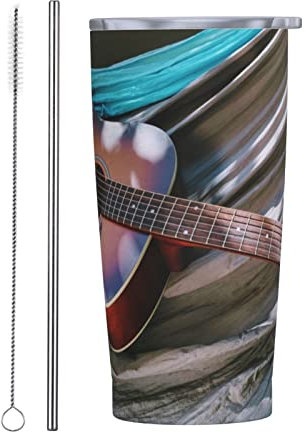 Evealyn Wasserfarben-Akustikgitarre, bedruckter Edelstahlbecher mit Deckel und Strohhalm, isolierter Becher, wiederverwendbar, Reise-Kaffeetasse, Becher für kalte und heiße Getränke, 590 ml