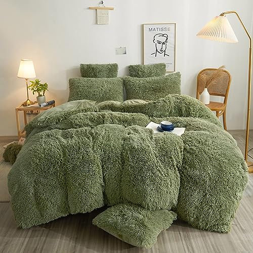 Nyescasa Plüsch Bettwäsche 135x200 Grün Winter Warme Flauschig Langhaar Biber Wendebettwäsche Set Mädchen Cashmere Touch Coral Fleece Bettbezug mit Reißverschluss und Kissenbezug 80x80cm