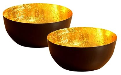 Metall Kerzenhalter 13 cm schwarz matt und innen Gold - 2er Set - Schale im orientalischen Design - Tisch Deko Kerzen Halter Lichtschale marokkanisch