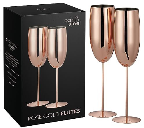 Oak & Steel - 2 Rose Gold Stainless Steel Champagne Glasses, 280 ml - Shatterproof Champagne Glasses/Prosecco Glasses with Gift Box