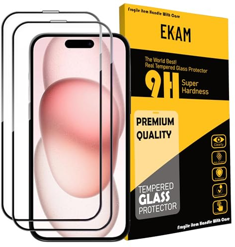 EKAM 2 Stück, Displayschutzfolie Schutzfolie Handy kompatibel für iPhone 15 Plus [6,7 Zoll], Vollständige Abdeckung, Panzerglasfolie für iPhone 15 Plus (6-7 Zoll) - Schwarz