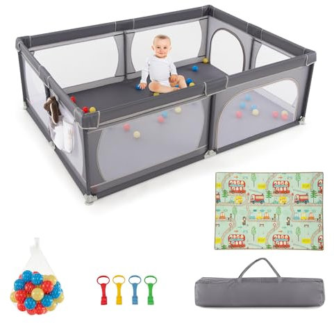 DREAMADE 200 x 140 cm Baby Laufstall, Laufgitter mit 50 Bällen & Tragetasche, Krabbelgitter für Kinder im Innen- & Außenbereich (Dunkelgrau, mit Matratze)