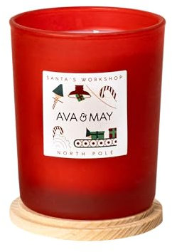 AVA & MAY Santa's Workshop Duftkerze (180 g) – vegane Sojawachs-Kerze mit 40 Stunden Brenndauer – mit hochwertigem Duftöl aus Gewürznoten, Vanille und Zuckerwatte