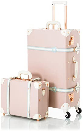 COTRUNKAGE Vintage Trolley Koffer Handgepäck mit Rollen, Reisekoffer Set 2 Teilig mit Beautycase, TSA Schloss, 71cm Koffer Groß + Aktentasche(Kirschrosa)