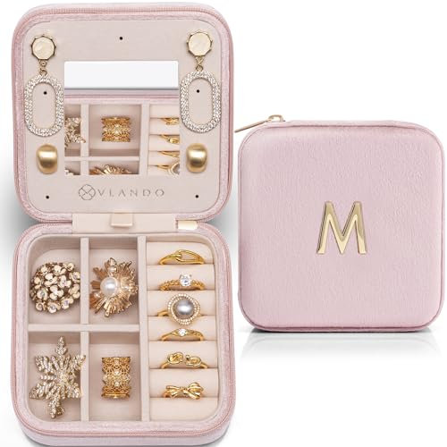 Vlando Schmuckkästchen Reise, Schmuckkästchen klein für Damen, Personalisiert Schmuck Organizer Samt von A bis Z, Personalisierte Geschenke, Schmuckaufbewahrung Reise mit Spiegel, Geschenk für Frauen
