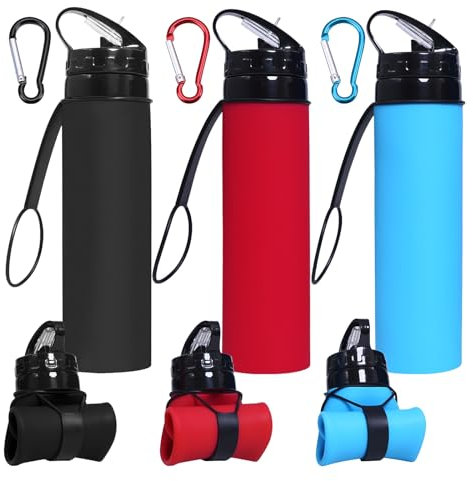 Bouteille D'eau Pliable, 3 PCS Gourde Souple 600ml, Gourde Pliable Avec Mousqueton, Bouteille Pliable, Gourde Silicone Pour Camping Escalade Voyager