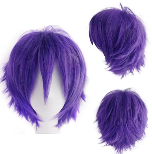 Dcbaboo Perruque Violet Courte Femme Perruque Homme Violet Courte Perruque Cosplay Anime Wig Perruque avec Franges Cheveux Synthétique Raides Perruque Pour Déguisement Halloween Carnaval Costume Fête
