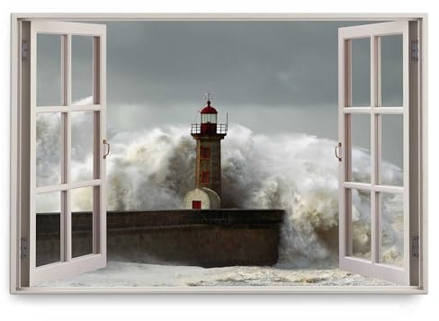 Paul Sinus Wandbild 120x80cm Fensterbild Leuchtturm Sturm Wellen Küste Grau
