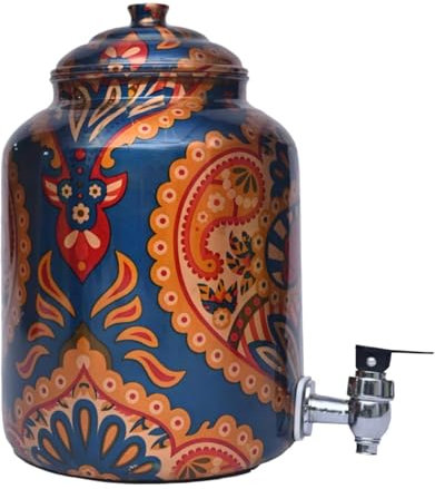 Copron Designer-Wasserspender aus 100 % reinem Kupfer (Matka) mit Deckel und Wasserhahn, 5 Liter Fassungsvermögen, 1,3 Gallonen Wasserbehälter zum Trinken schwerer Messwerte, zeitgenössischer Druck,