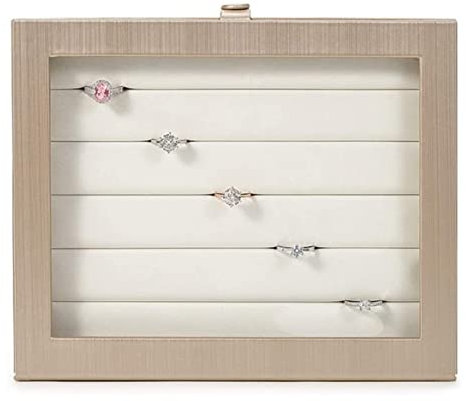 QTANZIQI Joyero de cuero PU con tapa transparente y botones metálicos - organizador elegante y práctico para joyería - ideal para dormitorio (Color: Oro claro, Tamaño: Caja de anillos)