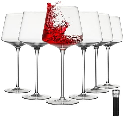 Buaic Juego de 6 copas de vino grandes de cristal de 18 onzas de vino blanco o tinto con tapón de vino, copa de vino soplada a mano de tallo largo sin plomo, regalo perfecto para bodas, aniversarios,