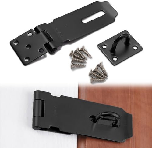 Bmeigo 4 inch Hasp and Staple with Screws, Stainless Steel Padlock Hinge Door Hasp Heavy Duty Shed Lock Latch Gate Security Clasp for Garden Door, Window, Cabinet, Pet Cage, Crate (Black)