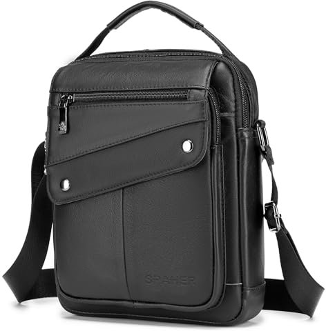 SPAHER Black Shoulder Bag Men Leather Handbag IPAD Messenger Messenger Bag Business Backpack Crossbody Casual Tote Sling Travel Bag Document Bag with Top-handle and Adjustable Strap Large Size