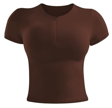 ZAAYO Sport T Shirt Damen Basic Sportshirt Double Lined Y2K Summer Crop Top Gym Top Leichtes Atmungsaktives Sport Tops mit Rundhalsausschnitt Gym Oberteil Yoga Tops Kaffee S