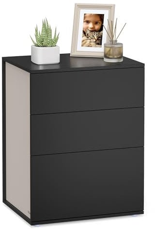 VASAGLE Nachttisch, superschnelle und werkzeuglose Montage, Beistelltisch mit 3 Schubladen, Nachtschrank modern, minimalistisch, Schlafzimmer, Wohnzimmer, tintenschwarz-cappuccinobeige LET778B01