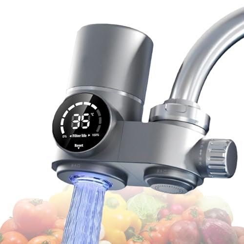 Wasserfilter für den Wasserhahn mit LED Anzeige - Trinkwasser-Filter für Zuhause Küche zur Entfernung von Chlor, Schwermetallen und Gerüchen (Silber)