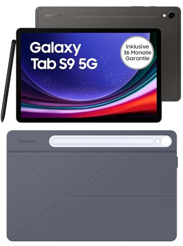 Samsung Galaxy Tab S9 AI-Android-Tablet, 5G, 128 GB / 8 GB RAM, MicroSD-Kartenslot, Inkl. S Pen, Simlockfrei ohne Vertrag, Graphit+Smart Book Cover, Blue