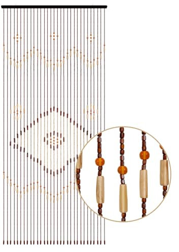 Garbenat Holz Perlenvorhang - 90 x 208cm Handschnur Perlenvorhang 31-Zeilen Retro Teilervorhang mit Perlen, Wellen & Diamant Muster-PerlenTürvorhang Baumwollfaden Seilvorhang - Schokoladenbraun