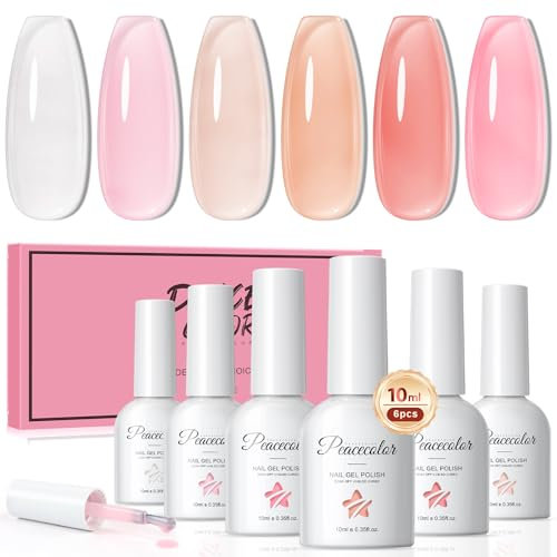 PEACECOLOR Jelly Gel Nail Polish Set- 6 Colors 10ML Pink Nude Clear Gel Nail Polish, Translucent Soak off U V LED Nail, Diffrent Seasons Nail DIY Manicure Gift for Women Girls