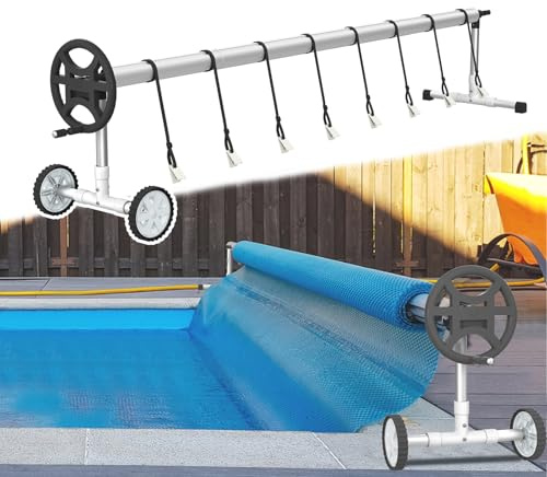 NAIZY Aufrollsystem 3m - 5,7m Pool Aufroller für Poolfolie Abdeckung Mobiles Aufrollvorrichtung mit Rädern Poolaufroller inkl. 8 Clips, CR16