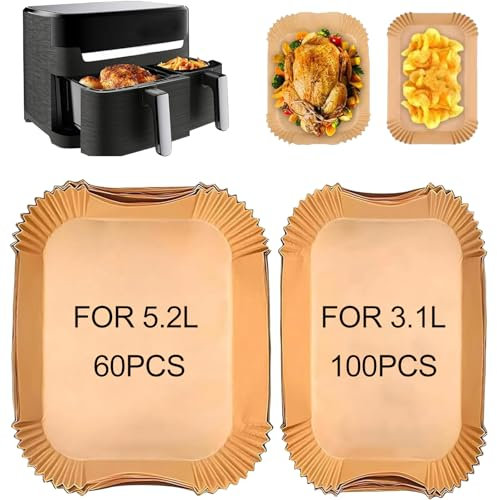 Glvomazty Papier Cuisson Pour friteuse pour Moulinex Tefal 5.2L/3.1L, Papier Sulfurisé pour Air Fryer Philips Airfryer Série 3000, Friteuse Pour Grande Et Petite Friteuse À Deux Tiroirs(60pcs+100pcs)