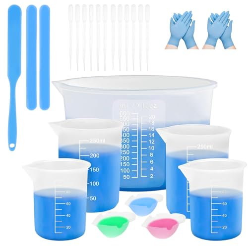 Silikon Messbecher, 600 ml Gipsbecher, 250 ml, 100 ml Mischbecher, Epoxidharz Zubehör, Rührstäbchen, Silikonspatel, Mischpaddel, Dosierbecher, Pipetten, DIY, Küche Labor Handwerk, Leicht zu reinigen