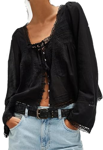 FeMereina Women Lace Tie Front Top Y2k Coquette Long Sleeve Button Up Chiffon Cardigan Flowy Boho Peplum Shirt Going Out Tops (black, L)
