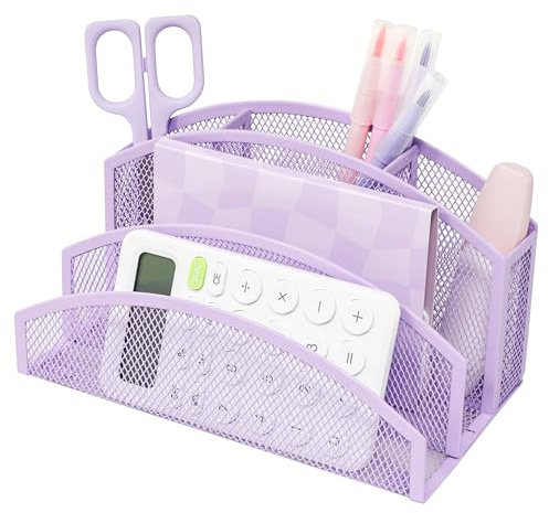 EXERZ Schreibtisch-Organizer aus Mesh – 3-stufiger Briefhalter mit 4 Fächern – Lila – Metall-Aktenablage für Büro, Zuhause, Schule