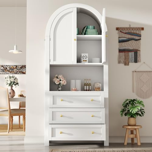 PUGSDRLY Buffet Haut Salon avec 2 Portes et 3 Tiroirs,Buffet Salle a Manger en Forme d'arc,Meuble de Cuisine Rangement,Armoire de Rangement avec Zone d'exposition Ouverte (Blanc, 70x35x180cm)