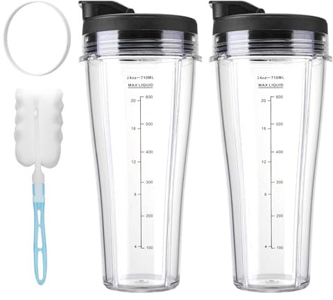 Ninja Blender Cups, 2 Pcs 24OZ Blender Cups with Lids Cleaning Brush Sealing Ring, Blender Replacement Parts for Ninja Blender BN750UK BN800UK BN495UK CB350UK