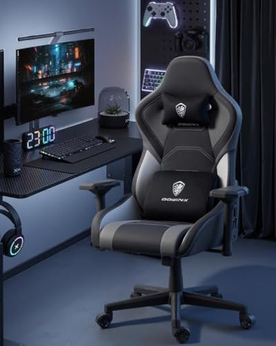 Dowinx Gaming Stuhl mit 4D Armlehnen und 15°Schaukelfunktion, 165° Verstellbar Massage Gaming Chair, Ergonomischer Gamer Sessel Rennsport-Design für Gamer Esport 135kg Belastbarkeit, Grau