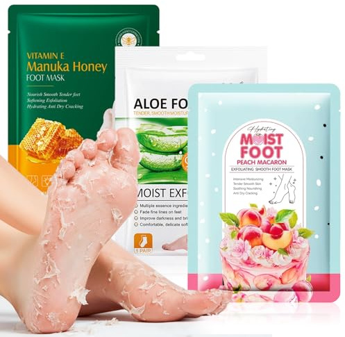 3 Paar Fussmaske Socken, Peeling Foot Mask, Hornhautentferner für Trockene und Rissige Füße, Fußpflege für Männer und Frauen, Exfoliating Fussmaske, mit Honig, Aloe Vera & Pfirsich