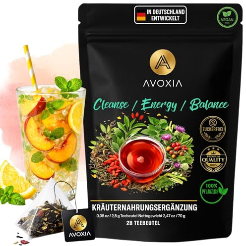 Avoxia® Kräuternahrungsergänzung – Premium Tee mit Löwenzahn, Ginseng & Ingwer – Idealer Begleiter bei Fasten & Kaloriendefizit – Für dein leichtes Bauchgefühl – Vegan (28 Beutel)