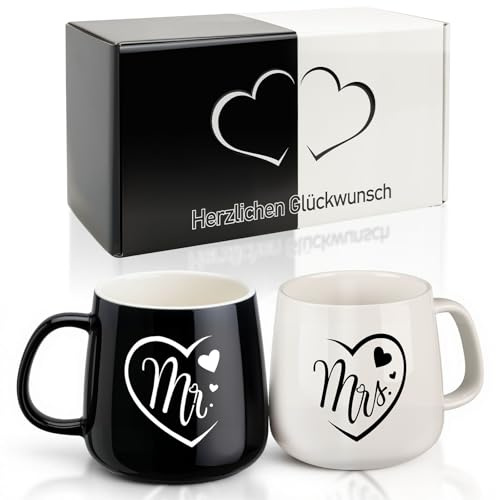 TUZELIYA Mr & Mrs Partnertassen Set – Hochzeitsgeschenk für Brautpaare, Geschenk für Frauen & Männer, Schwarz und Weiß Paar Tassen für Hochzeit, Jahrestag & Weihnachten