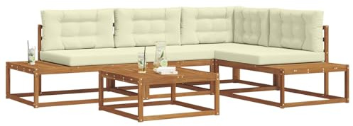 vidaXL Outdoor-Sofagarnitur 5 Stück Natur und Creme, Garten & Terrasse, Modernes Akazienholz Sofa Set, Outdoor Eckmöbel, Wetterfestes Sitzen, Lounge Möbel für die Terrasse