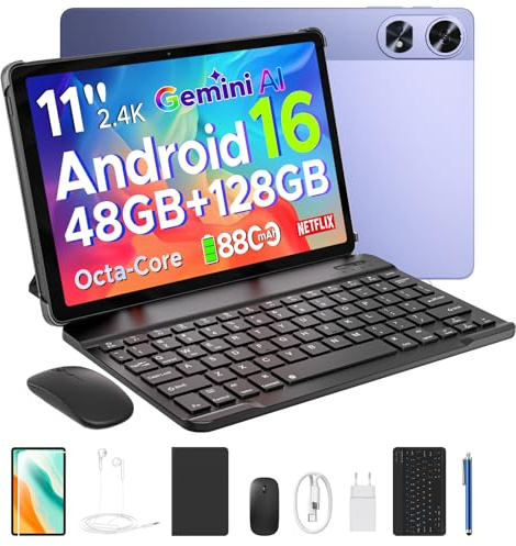 P11 Pro Tablet 11 Pulgadas with Android 16 & Gemini AI, 48GB RAM+128GB ROM/2TB, 8800mAh/18W, Octa-Core T7250, 90Hz, 5MP+13MP, 3.5mm Jack, GPS, Face ID,OTG,5G WiFi, Tablet con Teclado y Lapiz, Morado