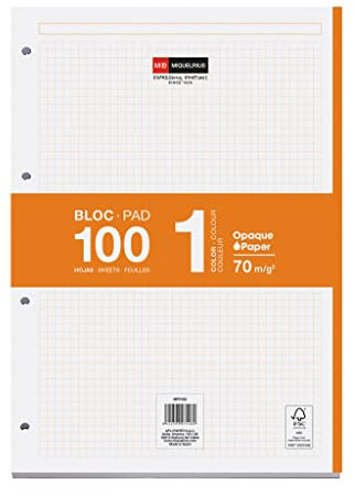 Miquelrius - Bloc de recharge A4, 100 feuilles à carreaux 5x5 mm, Avec marge et en-tête pour les titres, Papier opaque 70 g/m², 4 perforations pour classeur à anneaux, Couleur orange