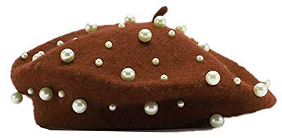 2021 Vintage Baskenmütze Perle Wolle Dame Winter Warme Mütze Beanies Künstlermütze, Caramel, Medium