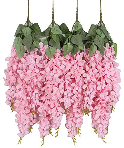 Duovlo 20 tiges Glycine Artificielle 2.13 Pieds à Suspendre Wisteria Vigne Faux Fleur Corde de Bush Home Party Décoration de Mariage, Lot de 4 Rose