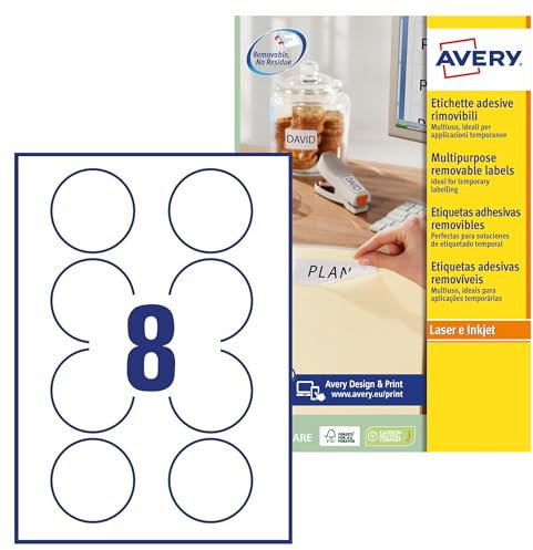 Avery L4852REV Selbstklebende runde Etiketten, alle Drucker, 8 Etiketten pro A4-Bogen, 200 Etiketten, weiß