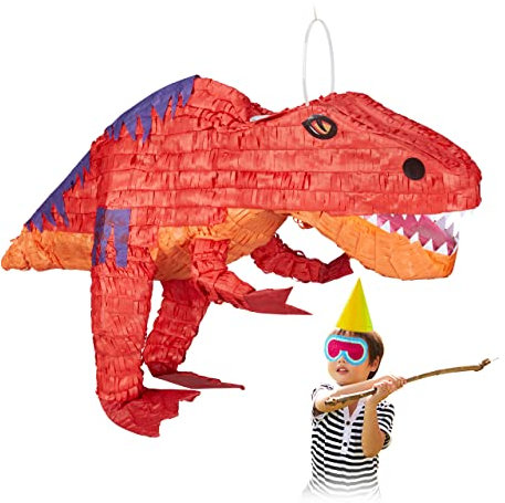 Relaxdays Dinopinata, zum Aufhängen, Kinder, Mädchen & Jungs, Geburtstag, zum Befüllen, Papier, Pinata Dinosaurier, rot