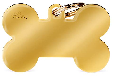 MYFAMILY Medaille für personalisierten Hund in Italien, XL -Knochen, Hundeteller mit freiem Inzision, goldenes Messing, Basic Kollektion, 48x31 mm