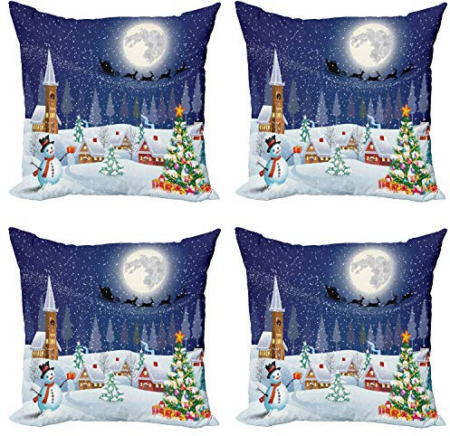 ABAKUHAUS Weihnachten Kissenbezug Set (4 Stück), Winterlandschaft, moderner doppelseitiger Digitaldruck, 40 cm, Weiß Blau