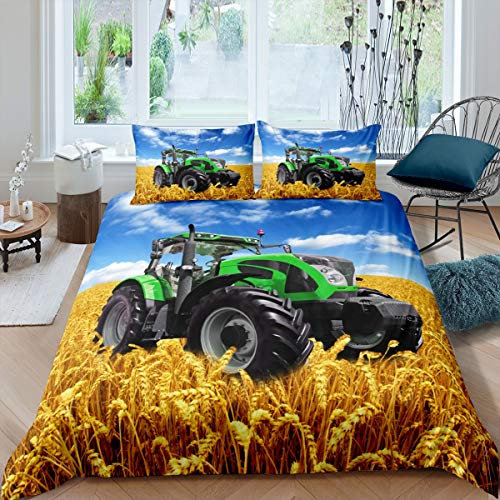 Loussiesd Traktor Bettwäsche Set Kinder 155x220cm Bettwäsche Jungs Teenager Weizenfeld Mähdrescher drucken Bettbezug Set Blau Grün Gold 100% Mikrofaser Betten Set Bauernhöfe Traktor Bettwäsche Jungs