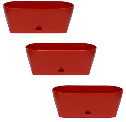 ENGELLAND 3X Blumenkasten Balkonkasten Pflanztopf für Garten Balkon und Tischdeko mit Wasserauffangschale oval rot