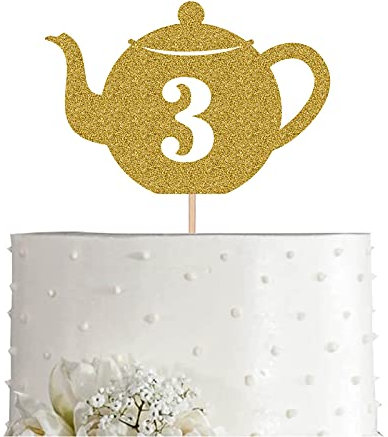 Teapot 3 Cake Topper, Gold Glitter Tea 3rd Birthday Party Decoration, Supply