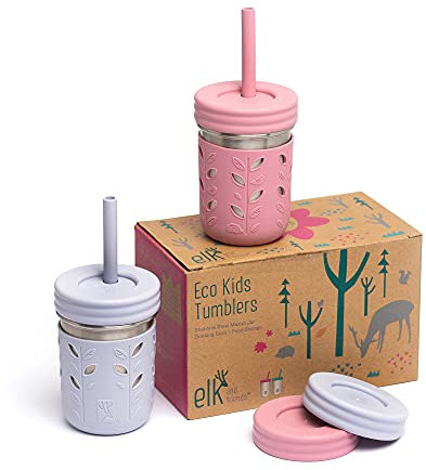 Elk and Friends 10oz Stainless Steel Kids + Toddler Drinking Cups | The Original Mason Jars with Lids + Sleeves + Straws | Smoothie Cups | Spill Resistant | Dishwasher Safe | 2 Pack